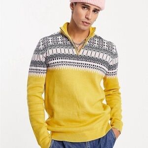 ASOS Men’s Sweater Quarter Zip Fair Isle Yoke Unisex Knit Size XS Yellow